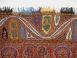 Shawl, Wool, silk; double interlocking twill tapestry weave, embroidered, pieced