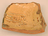 Ceramic Fragment, Earthenware; incised decoration through white slip and coloring under transparent glaze