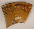 Fragment of a Bowl, Earthenware; incised decoration through white slip and coloring under transparent glaze