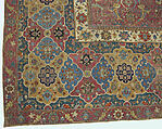 Carpet, Cotton (warp and weft), wool (pile); asymmetrically knotted pile 
