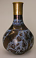 Bottle, Stonepaste; luster-painted on opaque blue glaze under transparent colorless glaze; gilt copper