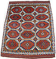 Carpet with Repeating Medallion Pattern on Red Background, Wool; (warp, weft, and pile); symmetrically knotted pile