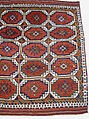 Carpet with Repeating Medallion Pattern on Red Background, Wool; (warp, weft, and pile); symmetrically knotted pile