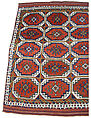 Carpet with Repeating Medallion Pattern on Red Background, Wool; (warp, weft, and pile); symmetrically knotted pile