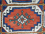 Carpet with Repeating Medallion Pattern on Red Background, Wool; (warp, weft, and pile); symmetrically knotted pile