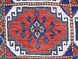 Carpet with Repeating Medallion Pattern on Red Background, Wool; (warp, weft, and pile); symmetrically knotted pile