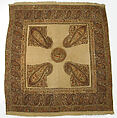 Shawl, Wool; plain weave, appliquéd with embroidered panels