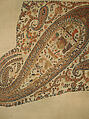 Shawl, Wool; plain weave, appliquéd with embroidered panels