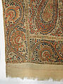 Shawl, Wool; plain weave, appliquéd with embroidered panels
