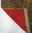 Shawl, Wool; plain weave, appliquéd with embroidered panels