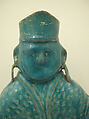 Bottle in the Form of a Lute Player, Stonepaste; molded, turquoise-glazed, partially gilded