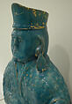 Bottle in the Form of a Lute Player, Stonepaste; molded, turquoise-glazed, partially gilded