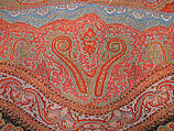 Shawl, Wool, silk; double interlocking twill tapestry weave, embroidered, pieced