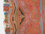 Shawl, Wool, silk; double interlocking twill tapestry weave, embroidered, pieced