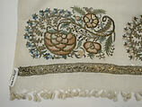 Towel, Linen; embroidered in silk, metal wrapped thread, and tinsel