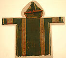 Child's Tunic with Hood, Tapestry weave in purple-colored, red-brown, and undyed wool on plain-weave ground of green wool; fringes in green and red-brown along the perimeter of the hood and lower edges