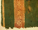 Child's Tunic with Hood, Tapestry weave in purple-colored, red-brown, and undyed wool on plain-weave ground of green wool; fringes in green and red-brown along the perimeter of the hood and lower edges