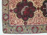 Carpet, Silk (warp and weft), wool (pile), metal wrapped thread; asymmetrical knotted pile, brocaded