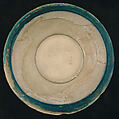 Bowl, Earthenware; white slip with black decoration under turquoise blue glaze