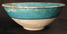Bowl, Earthenware; white slip with black decoration under turquoise blue glaze