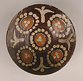 Bowl, Earthenware; brown slip with polychrome slip decoration under transparent glaze