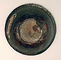 Bowl, Earthenware; black slip with white slip decoration under transparent glaze