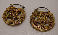 Earring, One of a Pair, Gold, filigree, decorated with granulation, and originally set with stones