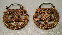 Earring, One of a Pair, Gold, filigree, decorated with granulation, and originally set with stones