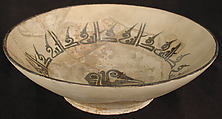 Bowl, Earthenware; white slip, decoration in black, glazed