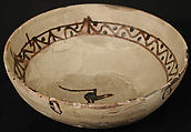 Bowl, Earthenware; white slip, slip decoration under glaze