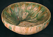 Bowl, Earthenware; white slip, incised and splashed with polychrome glazes under transparent glaze (sgraffito ware)