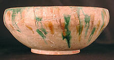 Bowl, Earthenware; white slip, incised and splashed with polychrome glazes under transparent glaze (sgraffito ware)