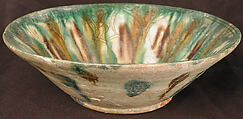 Bowl, Earthenware; white slip, incised and splashed with polychrome glazes under transparent glaze (sgraffito ware)