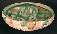 Bowl, Earthenware; white slip, incised and splashed with polychrome glazes under transparent glaze (sgraffito ware)