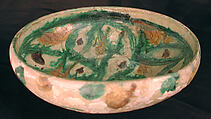 Bowl, Earthenware; white slip, incised and splashed with polychrome glazes under transparent glaze (sgraffito ware)