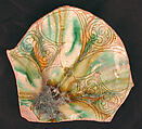 Fragment, Earthenware; white slip, incised and splashed with polychrome glazes under transparent glaze (sgraffito ware)