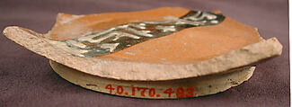 Base of a Vessel with a White Slip Inscription, Earthenware; red slip with polychrome slip decoration under transparent glaze