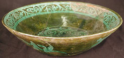 Bowl, Earthenware; purplish red slip, white slip decoration under green glaze