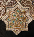 Star-Shaped Tile, Stonepaste; inglaze painted in blue and turquoise and luster-painted on opaque white glaze