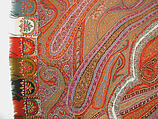 Shawl, Wool; double interlocking twill tapestry weave, embroidered, pieced