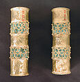 Hair Ornament, One of a Pair, Gold; cast, fabricated, engraved, with a copper alloy inner sleeve, decorated with twisted wire and granulation