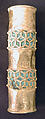 Hair Ornament, One of a Pair, Gold; cast, fabricated, engraved, with a copper alloy inner sleeve, decorated with twisted wire and granulation