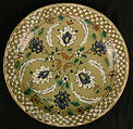 Dish with Floral Designs on an Olive Background, Stonepaste; polychrome painted under transparent glaze (Kubachi ware)