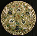 Dish with Floral Designs on an Olive Background, Stonepaste; polychrome painted under transparent glaze (Kubachi ware)