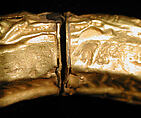Bracelet, Gold fabricated from sheet, with repoussé decoration, punching, twisted wire, and granulation