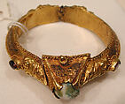 Bracelet, Gold, fabricated from sheet, decorated with bitumen-highlighted incising, granulation, and repoussé, set with glazed quartz, ruby, garnet, and, originally, two other stones
