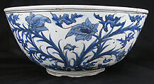 Bowl with Flowering Plants, Stonepaste; painted in blue under transparent glaze