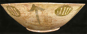 Bowl, Earthenware; white slip, slip decoration in green luster