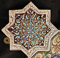 Eight-Pointed Star-Shaped Tile, Stonepaste; inglaze painted in blue, luster-painted on opaque white glaze