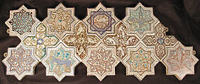 Star-Shaped Tile, Stonepaste: inglaze painted in blue and turquoise and luster-painted on an opaque white glaze